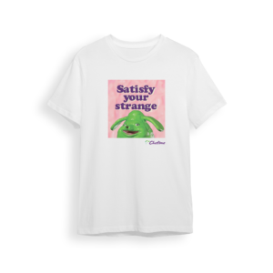 white t-shirt with a pink box design in the middle that says 'satisfy your strange' with a green jelly dog popping from behind