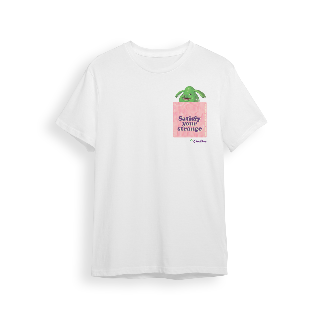 white tee with fake pocket design of a green dog that says 'satisfy your strange' with pink background