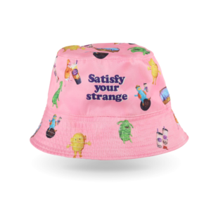 funky pink design bucket hat with Satisfy Your Strange written on the front and fun characters designed around the hat