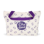 off-white canvas material tote bag with purple handle, bubble tea design all over and a purple Chatime logo in the middle of the bag